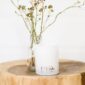 A photograph of Olieve & Olie candle on a wooden table with dried flowers in a vase behind it.