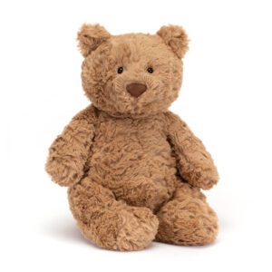 Jellycat Bartholomew Bear soft toy in soft brown, front view.