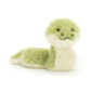 Jellycat Little Snake soft toy in light green and creamy white, front view.