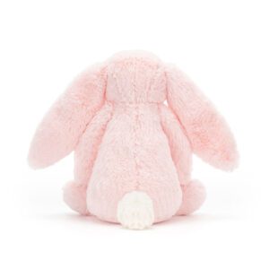 Bashful pink bunny soft toy by Jellycat, back view.