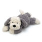 Jellycat sheep dog soft toy in grey and white, front view.