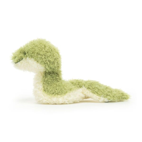Jellycat Little Snake soft toy in light green and creamy white, side view.