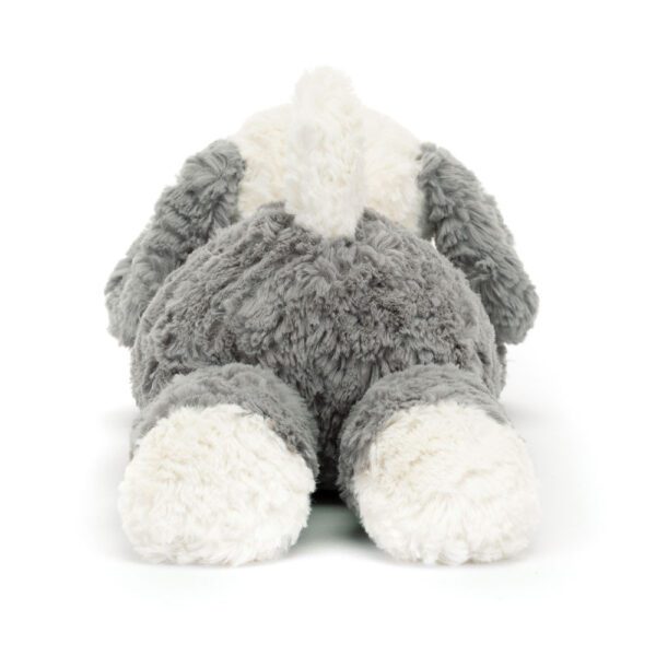 Jellycat sheep dog soft toy in grey and white, back view.