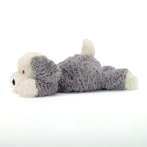 Jellycat sheep dog soft toy in grey and white, side view.